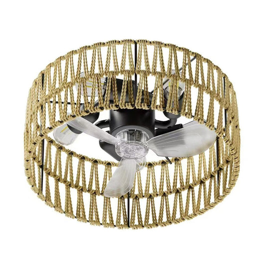 oltao Rattan 11-Inch 3-Blade Ceiling Fan with Light Socket and Decorative Rope Cage 4*E27 bulbs included