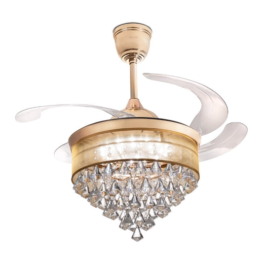 Kingbird 48 Inches Retractable Blade Chandelier Ceiling Fan – Crystal Glass Design with LED Light & Powerful Motor