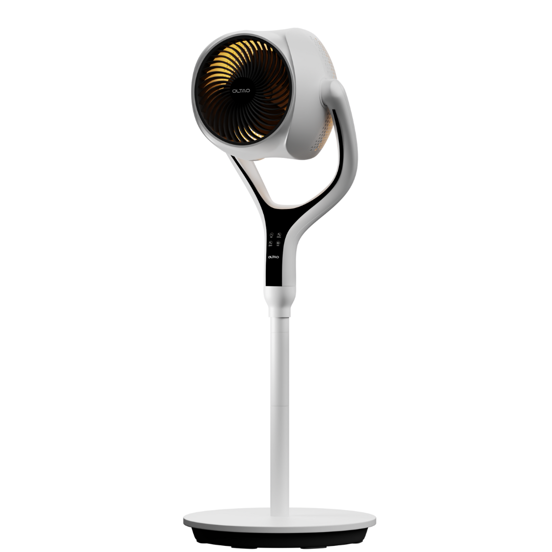 Space Modern Designer Pedestal Fan with 3D Tilt, Feather Touch Controls & LED Backlight Oltao Designer Fans