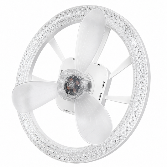 oltao NOA 12-Inch Compact Fan with Crystal LED Light, 3 Blades, 3-Colour Dimmable Light, Remote Control & Wall Switch Operation, White