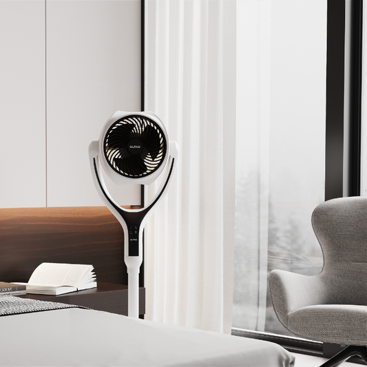 Space Modern Pedestal Fan with 3D Tilt, Feather Touch Controls & LED Backlight Oltao Designer Fans