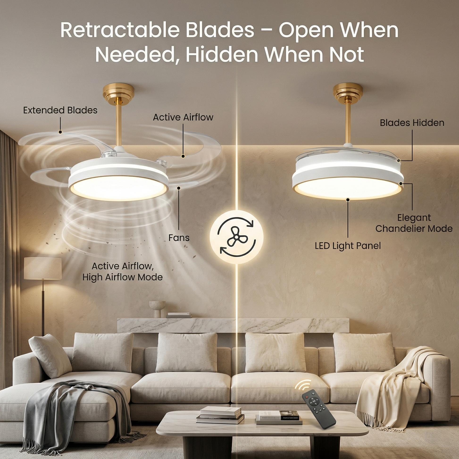 oltao Orin Retractable Ceiling Fan with BLDC Motor, 3 Colour LED Light, Summer/Winter Mode and Remote, 48 inch Sweep Oltao Designer Fans