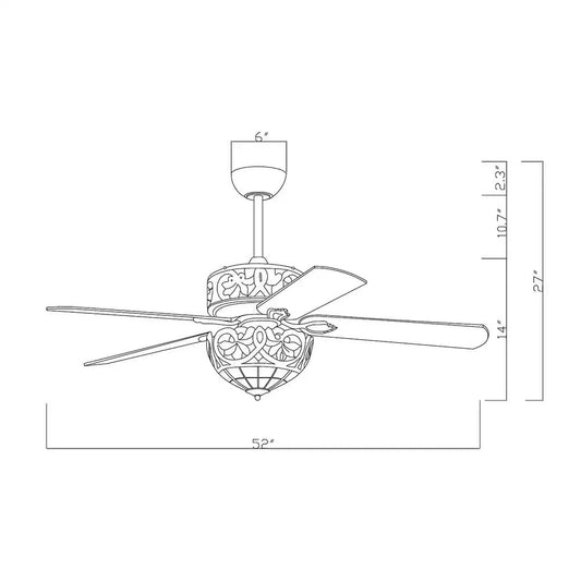 Black and white line drawing schematic of a ceiling fan with dimension labels showing 52 inches width, 27 inches height, 14 inches blade tip, 10.7 inches downrod, 2.