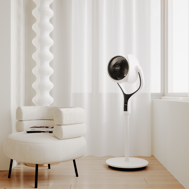 Space Modern Pedestal Fan with 3D Tilt, Feather Touch Controls & LED Backlight Oltao Designer Fans