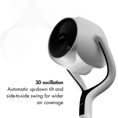 Space Modern Pedestal Fan with 3D Tilt, Feather Touch Controls & LED Backlight Oltao Designer Fans
