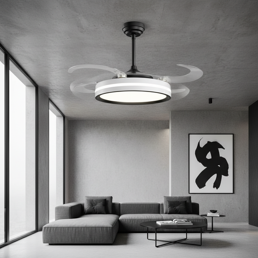 oltao Orin Retractable Ceiling Fan with BLDC Motor, 3 Colour LED Light, Summer/Winter Mode and Remote, 1066 mm Sweep Oltao Designer Fans