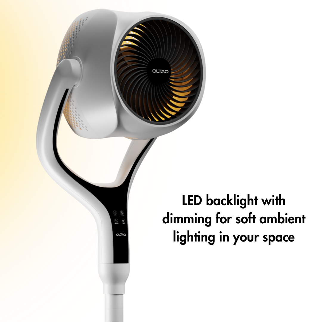 Space Modern Pedestal Fan with 3D Tilt, Feather Touch Controls & LED Backlight Oltao Designer Fans