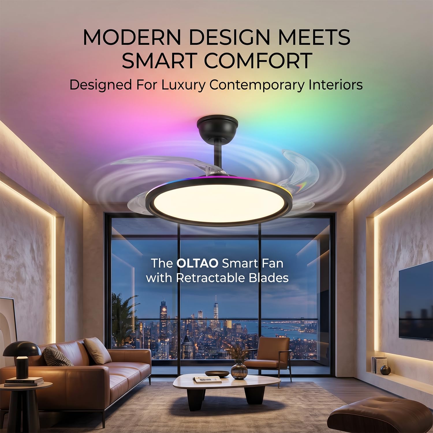oltao Zyro UltraSlim Retractable Ceiling Fan with RGB Ceiling Glow & 3-Color LED Panel Light, Summer/Winter Mode, Remote Control, 42 Inch Sweep (2026 Model) Oltao Designer Fans