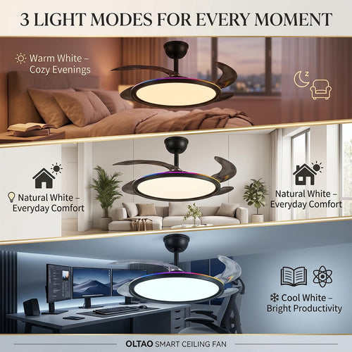 oltao Zyro UltraSlim Retractable Ceiling Fan with RGB Ceiling Glow & 3-Color LED Panel Light, Summer/Winter Mode, Remote Control, 42 Inch Sweep (2026 Model) Oltao Designer Fans