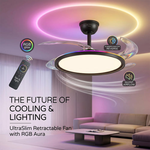 oltao Zyro UltraSlim Retractable Ceiling Fan with RGB Ceiling Glow & 3-Color LED Panel Light, Summer/Winter Mode, Remote Control, 42 Inch Sweep (2026 Model) Oltao Designer Fans