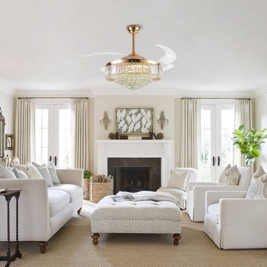 Picola 48/52 Inches Retractable Blade Chandelier Ceiling Fan – Crystal Glass Design with LED Light & Powerful Motor Oltao Designer Fans