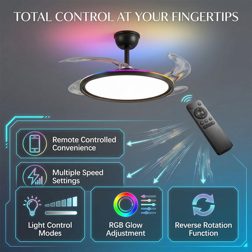 oltao Zyro UltraSlim Retractable Ceiling Fan with RGB Ceiling Glow & 3-Color LED Panel Light, Summer/Winter Mode, Remote Control, 42 Inch Sweep (2026 Model) Oltao Designer Fans