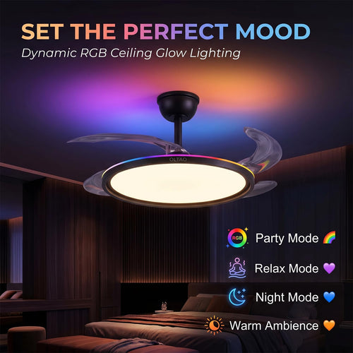 oltao Zyro UltraSlim Retractable Ceiling Fan with RGB Ceiling Glow & 3-Color LED Panel Light, Summer/Winter Mode, Remote Control, 42 Inch Sweep (2026 Model) Oltao Designer Fans