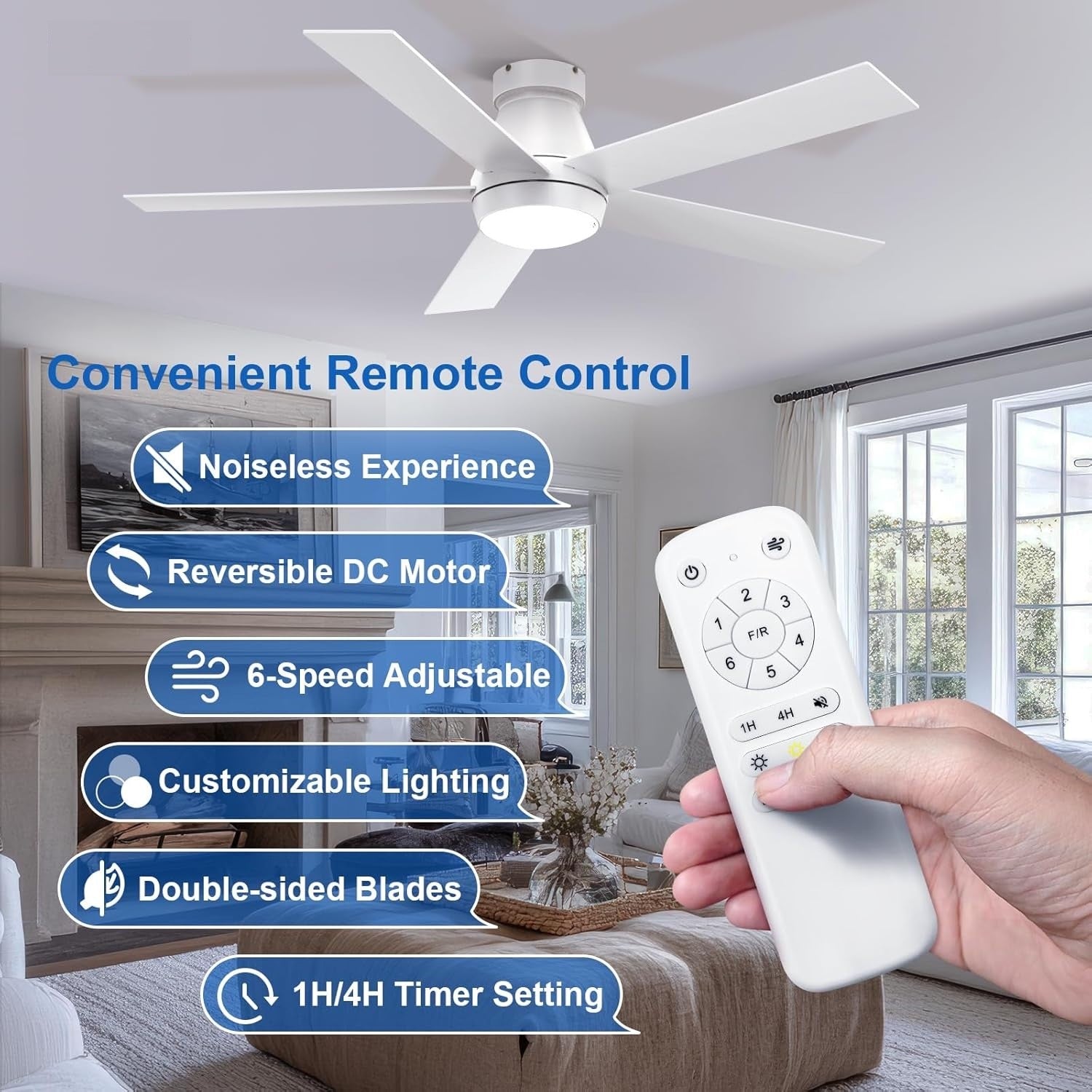 Fortis 48-Inch Hugger Ceiling Fan with Light – Reversible Twin Color Blades Oltao