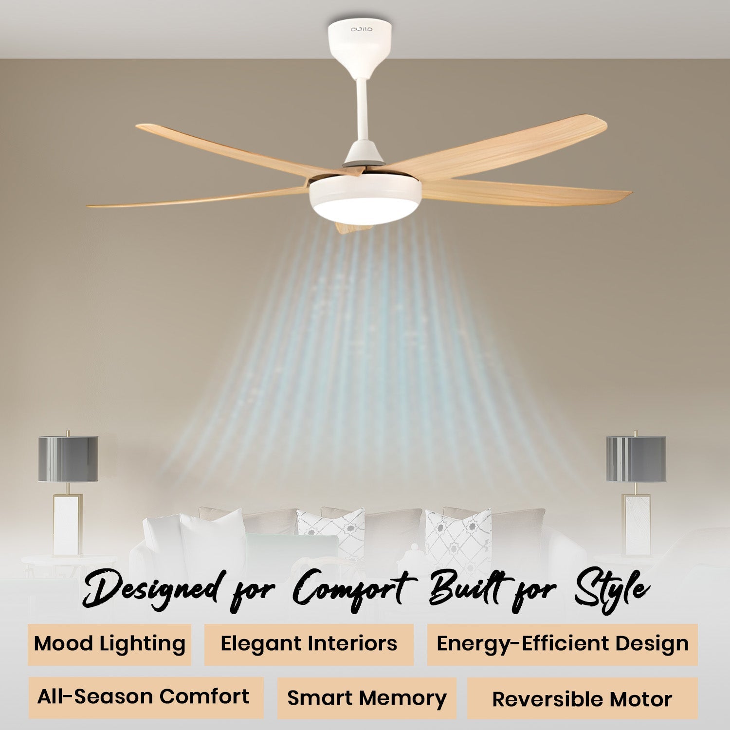 Simple 56 inches Designer Ceiling Fan with LED And Wooden Textured Blade Oltao Designer Fans
