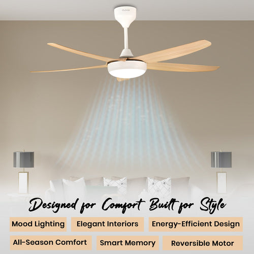 Simple 56 inches Designer Ceiling Fan with LED And Wooden Textured Blade Oltao Designer Fans