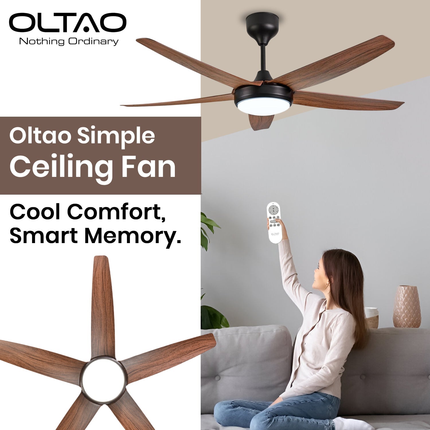 Simple 56 inches Designer Ceiling Fan with LED And Wooden Textured Blade Oltao Designer Fans