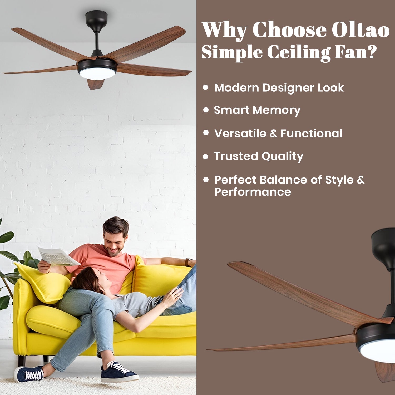 Simple 56 inches Designer Ceiling Fan with LED And Wooden Textured Blade Oltao Designer Fans