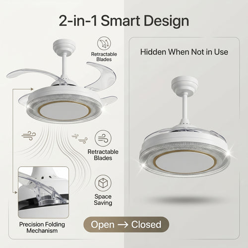 oltao Eira Retractable Ceiling Fan with BLDC Motor, 3 Colour LED Light, Summer/Winter Mode and Remote, 48 inch Sweep Oltao Designer Fans