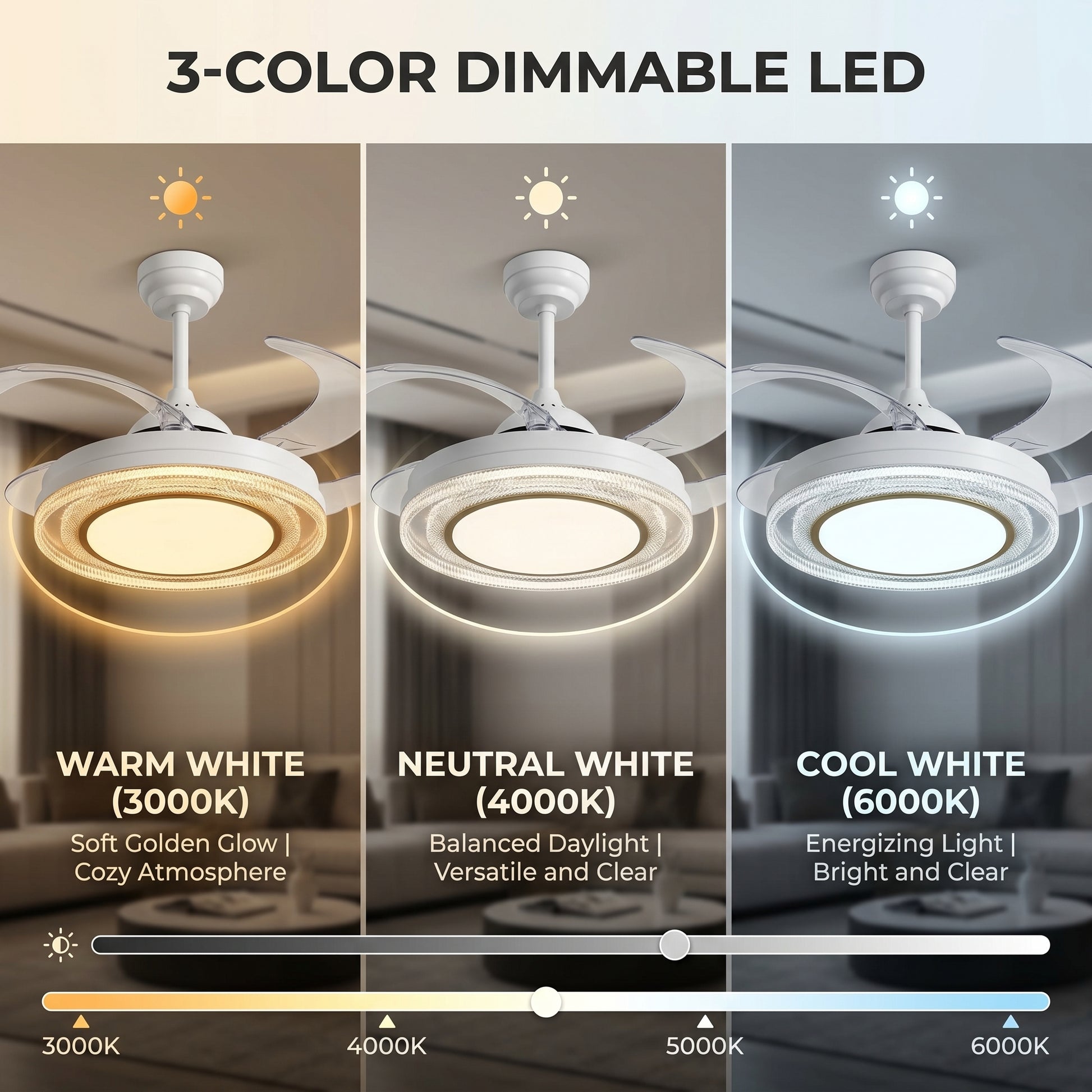 oltao Eira Retractable Ceiling Fan with BLDC Motor, 3 Colour LED Light, Summer/Winter Mode and Remote, 48 inch Sweep Oltao Designer Fans