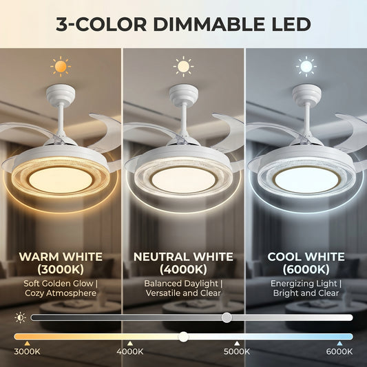 oltao Eira Retractable Ceiling Fan with BLDC Motor, 3 Colour LED Light, Summer/Winter Mode and Remote, 48 inch Sweep Oltao Designer Fans