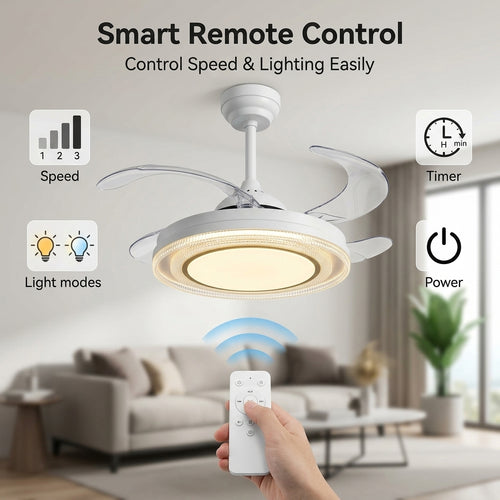 oltao Eira Retractable Ceiling Fan with BLDC Motor, 3 Colour LED Light, Summer/Winter Mode and Remote, 48 inch Sweep Oltao Designer Fans