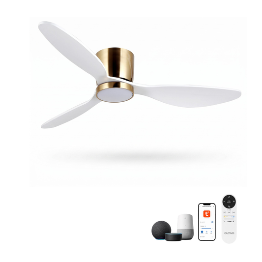 oltao Trillium white gold flush mount 52 inch Premium Smart Ceiling Fan with 3 Rust-Free Blades, Alexa, Google Home, Tuya Mobile App, Remote Control, Memory Function & Low-Noise Operation