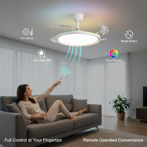 oltao Zyro UltraSlim Retractable Ceiling Fan with RGB Ceiling Glow & 3-Color LED Panel Light, Summer/Winter Mode, Remote Control, 42/48 Inch Sweep (2026 Model) Oltao Designer Fans