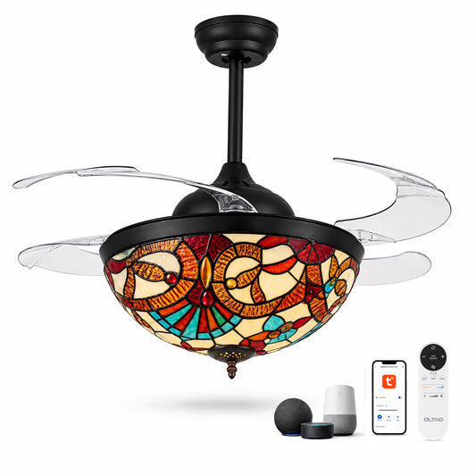 oltao Premium Smart Ceiling Fan with Decorative Mosaic Glass Lighting, 7 Bulbs Included, Alexa, Google Home, Tuya App & Display Remote Control