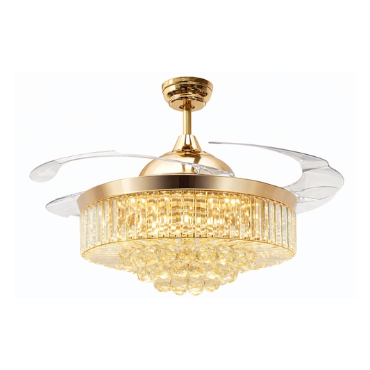 Picola 48 Inches Retractable Blade Chandelier Ceiling Fan – Crystal Glass Design with LED Light & Powerful Motor