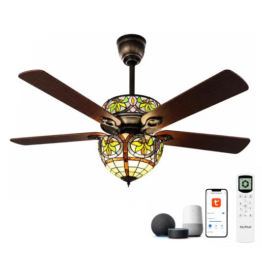 oltao Premium Smart Ceiling Fan with Decorative Mosaic Glass Lighting, 7 Bulbs Included, Alexa, Google Home, Tuya App & Display Remote Control