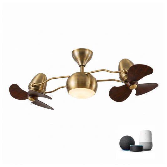 oltao Duo Dual-Head Revolving Ceiling Fan, Smart Control with Alexa and goggle Home support  2 x 16-Inch Fans, 3-Colour Dimmable LED, Remote & Memory Function, Adjustable Angles, 10/15-Inch Downrods, Brushed Gold with Wood-Texture Blades