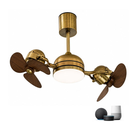 oltao Duo Dual-Head Revolving Ceiling Fan, Smart Control with Alexa and goggle Home support  2 x 16-Inch Fans, 3-Colour Dimmable LED, Remote & Memory Function, Adjustable Angles, 10/15-Inch Downrods, Brushed Gold with Wood-Texture Blades
